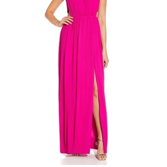 Aidan by Aidan Mattox Cutout Halter Pleated Gown in Pink Flame - Picture 5 of 9